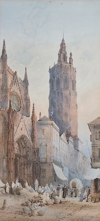 Charles Rousse (fl.1870-1890) pair of watercolours, North European townscapes with figures, 49 x 23cm, each signed, gilt framed. Condition - fair to good